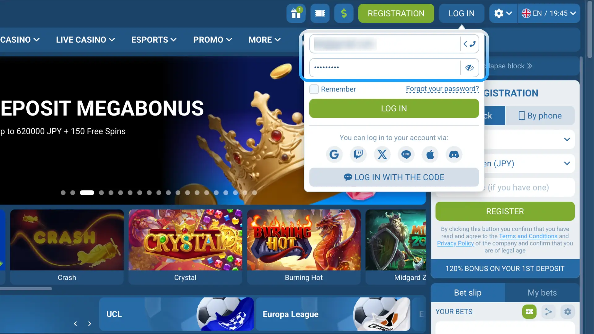 Enter your registered email address and password on the 1xBet Japan login form.