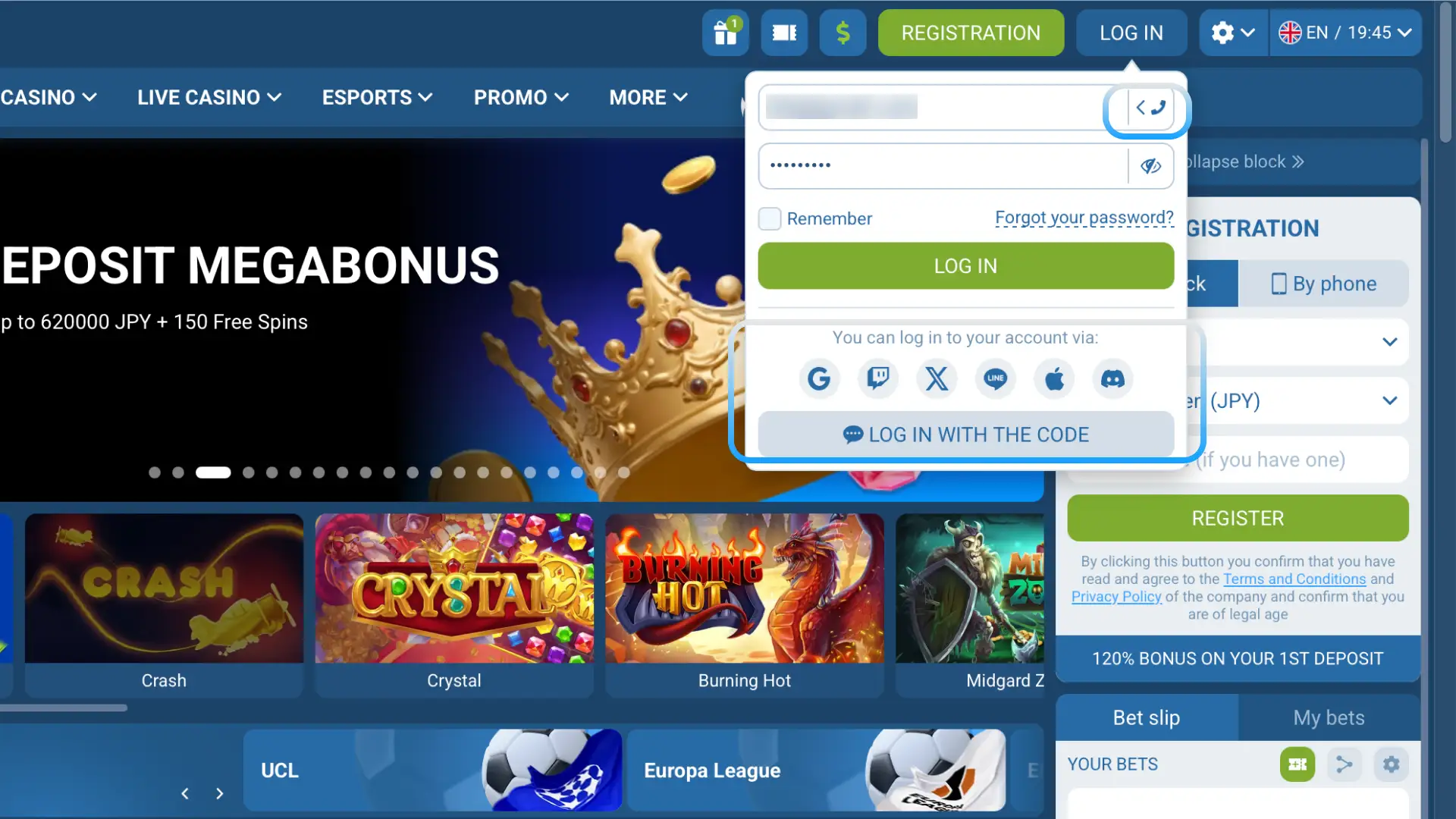 Sign in with email, phone number, or social media account to log into 1xBet Japan.