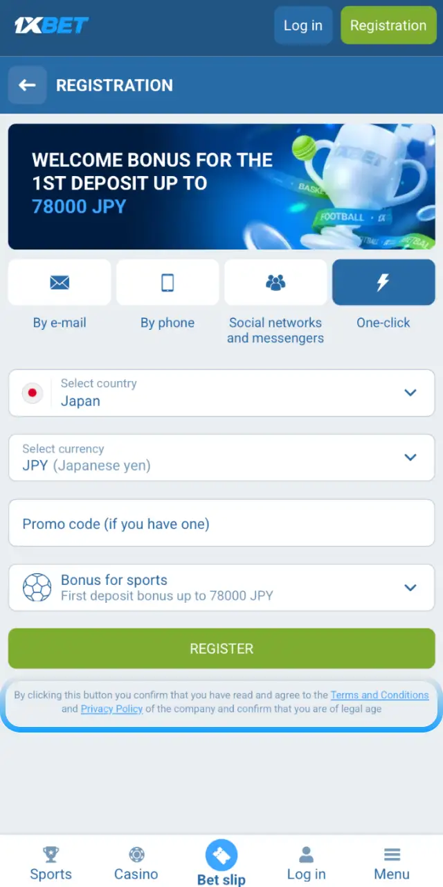 Agree to the Terms of Service and confirm account creation on the 1xBet Japan app.